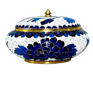 Vintage Cloisonné Box Round Powder hummingbird flower